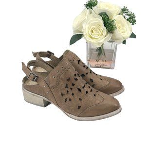 Naughty Monkey Womens  Ms. Kali Heeled Mule Sz 9.5 Shoe Laser Cut Taupe Leather